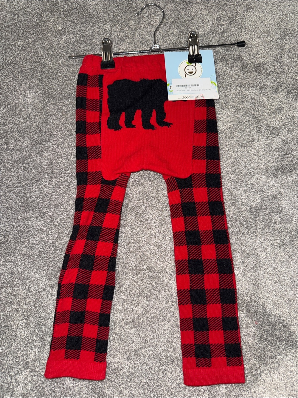 Kids Red Plaid Leggings with Black Bear Accent